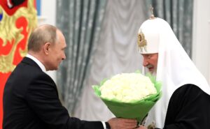 Russian President Vladimir Putin with Patriarch Kirill of Moscow, during a ceremony in awarding him with the Order of St Andrew the Apostle the First at 20 November 2021.