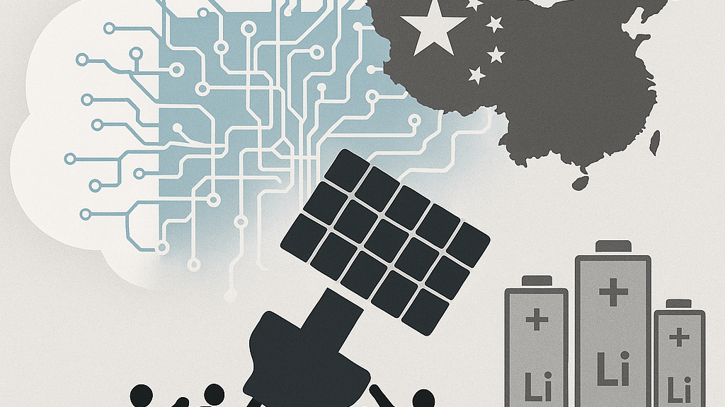 Illustration zur Energiewende und Resilienzpolitik: Symbolisch dargestellte Menschen stemmen ein Solarpanel, vernetzte Leitungen und Batterien zeigen Energieabhängigkeiten, Technologieoffenheit und Sicherheitspolitik der Piratenpartei.