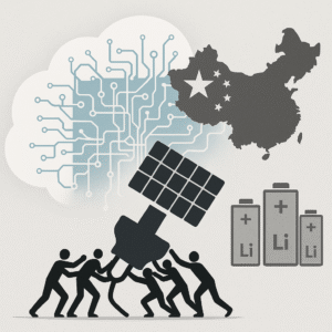 Illustration zur Energiewende und Resilienzpolitik: Symbolisch dargestellte Menschen stemmen ein Solarpanel, vernetzte Leitungen und Batterien zeigen Energieabhängigkeiten, Technologieoffenheit und Sicherheitspolitik der Piratenpartei.