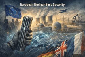 Illustration: Energy Infrastructure as a Foundation of European Security The image presents a stylized depiction of civilian nuclear infrastructure embedded within a broader European security framework. In the foreground, a hand holds metallic fuel rods, symbolizing base-load energy production as a tangible strategic resource. Behind it, a nuclear power plant with cooling towers and reactor domes anchors the industrial landscape. Energy transmission lines, storage facilities, and heavy infrastructure extend across the horizon, visually linking production to continental supply networks. Beneath the scene, a glowing map of Europe is overlaid with digital connection lines, suggesting that energy systems underpin economic stability, technological capacity, and coordinated defense structures. The presence of the European Union flag alongside national flags emphasizes shared responsibility, while military aircraft and security personnel integrated into the background indicate that industrial resilience and defense capability are interconnected. The composition underscores that reliable energy infrastructure is not presented as a standalone economic issue, but as a structural component of strategic autonomy, industrial continuity, and collective security.