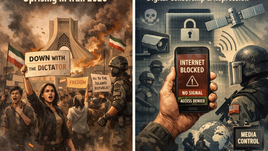 Illustration: Digital Repression and Information Control The image presents a stylized depiction of digital repression. In the foreground, a hand holds a smartphone displaying a warning message indicating loss of internet access. Around it, symbolic elements of surveillance and control appear: a padlock icon, satellite imagery, monitoring cameras, and shadowed security figures. Faint code patterns and signal graphics blend into the background, suggesting the technological infrastructure behind censorship. The muted color palette and layered composition emphasize restriction, opacity, and centralized control of information. The illustration focuses on structural themes of connectivity, surveillance, and digital shutdown rather than on specific actors, conveying the broader concept of information control in times of political crisis.