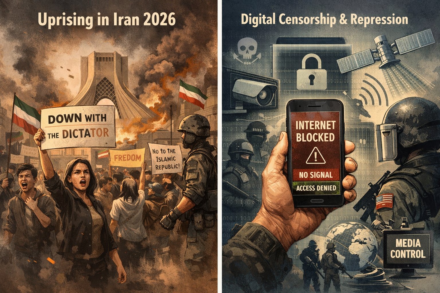 Illustration: Digital Repression and Information Control The image presents a stylized depiction of digital repression. In the foreground, a hand holds a smartphone displaying a warning message indicating loss of internet access. Around it, symbolic elements of surveillance and control appear: a padlock icon, satellite imagery, monitoring cameras, and shadowed security figures. Faint code patterns and signal graphics blend into the background, suggesting the technological infrastructure behind censorship. The muted color palette and layered composition emphasize restriction, opacity, and centralized control of information. The illustration focuses on structural themes of connectivity, surveillance, and digital shutdown rather than on specific actors, conveying the broader concept of information control in times of political crisis.